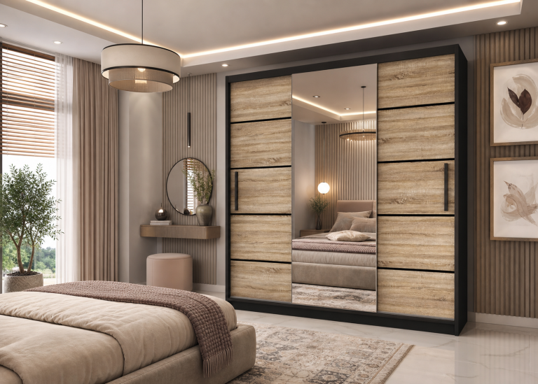 Armoire 200 cm Belini noir mat / chêne sonoma avec portes coulissantes, miroir et tiroirs Fabricant MT SZP5/1/B/DS/0/KLP