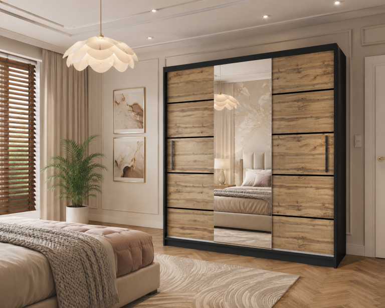 Armoire 200 cm Belini noir mat / chêne wotan avec portes coulissantes, miroir et tiroirs Fabricant MT SZP5/1/B/DW/0/KLP