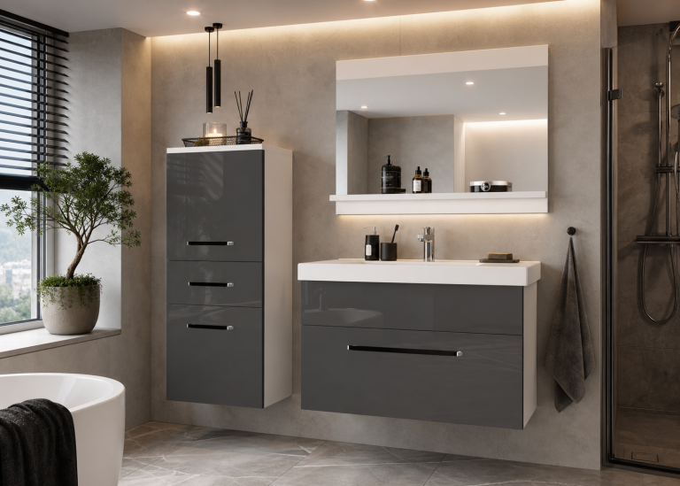 Meuble de salle de bain Belini gris brillant + lavabo + miroir Fabricant ROD P 2/0/W/S/0/ZW