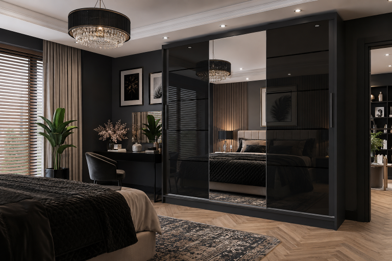 Armoire 235 cm Belini noir mat / noir brillant avec portes coulissantes miroir et tiroirs Fabricant MGB SZP8/0/B/2B1L/KLP