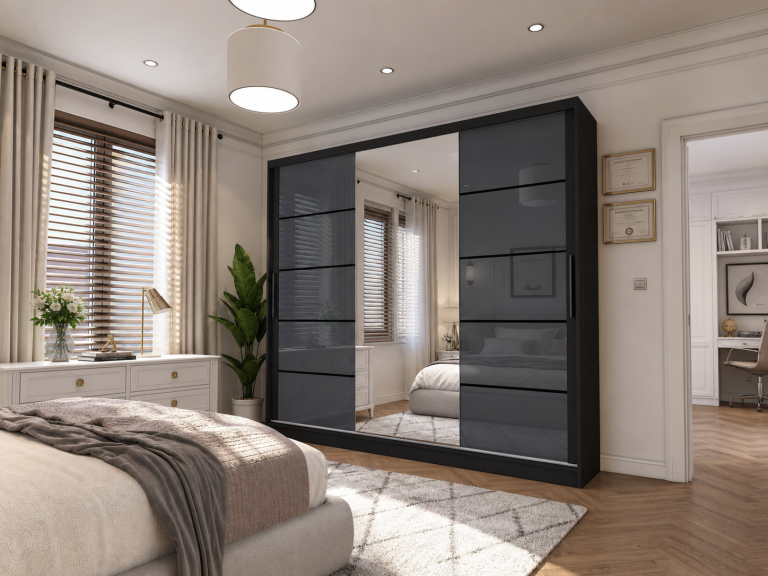Armoire 235 cm Belini noir mat / gris brillant avec portes coulissantes miroir et tiroirs Fabricant MGB SZP8/0/B/2S1L/KLP