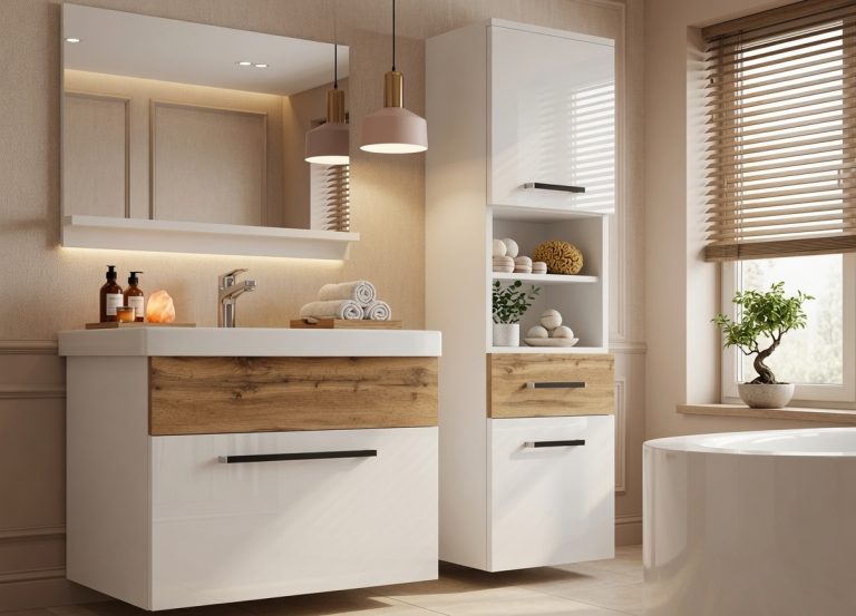 Meuble de salle de bain Belini blanc brillant / chêne wotan + lavabo + miroir Fabricant ROD PM 3/0/W/WDW/0/ZW