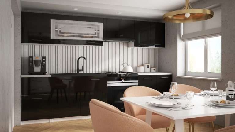 Meubles de cuisine 240 cm noir brillant avec plan de travail Fabricant INF MARIKA2/5/WT/B/0/B1
