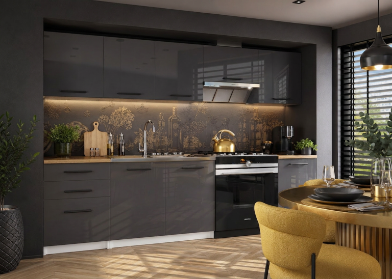 Meubles de cuisine Premium Version Complète 240 cm gris brillant avec plan de travail Fabricant INF UNIQA/4/WT/S/0/B1