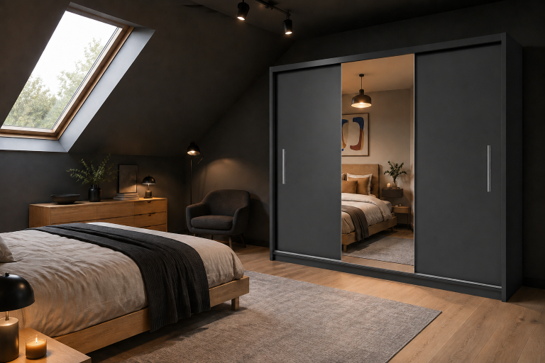Armoire coulissante 200 cm PRIMO avec miroir noir ébène mat – Producteur MES PRIMO SZP1/1/B/B/0/AL