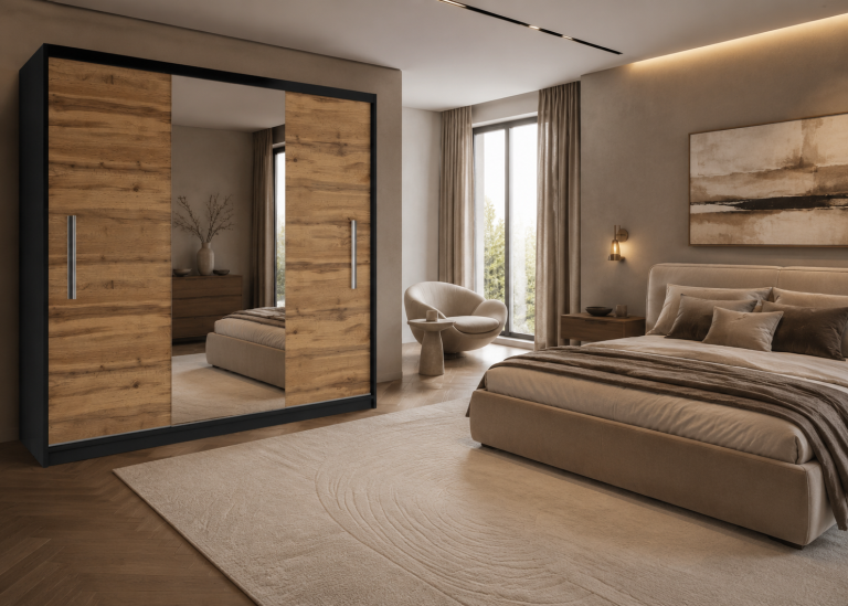 Armoire coulissante 200 cm PRIMO avec miroir chêne wotan mat – Producteur MES PRIMO SZP1/1/B/DW/0/AL