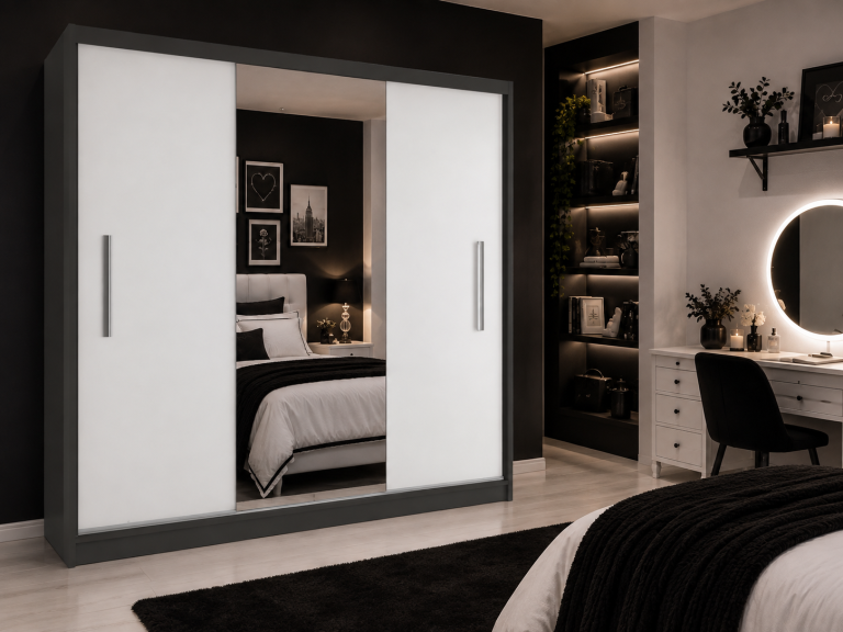Armoire coulissante 200 cm PRIMO avec miroir blanc mat – Producteur MES PRIMO SZP1/1/B/W/0/AL