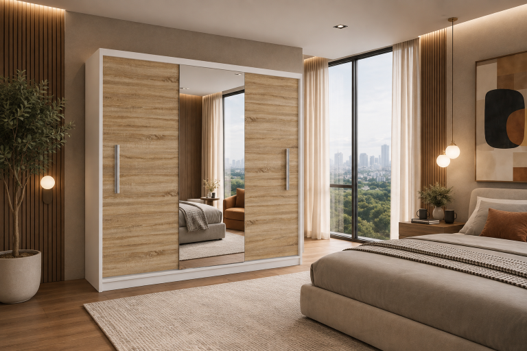 Armoire coulissante 200 cm PRIMO avec miroir chêne wotan / chêne sonoma – Producteur MES PRIMO SZP1/1/W/DS/0/AL