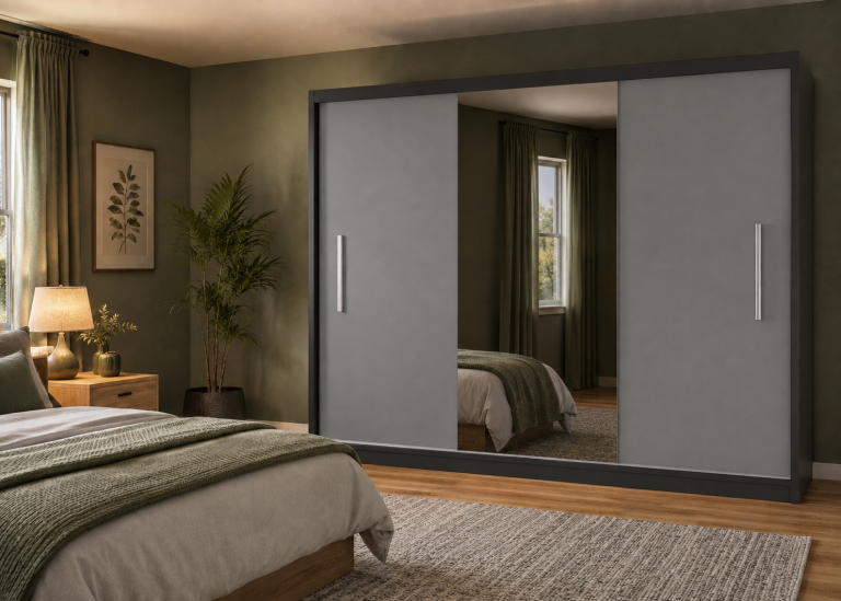 Armoire coulissante 232 cm avec miroir gris mat – Producteur MES PRIMO SZP4/2/1B/2SR1L/0/AL