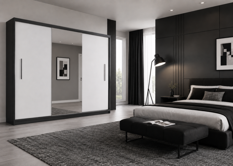 Armoire coulissante 232 cm avec miroir blanc mat – Producteur MES PRIMO SZP4/2/1B/2W1L/0/AL