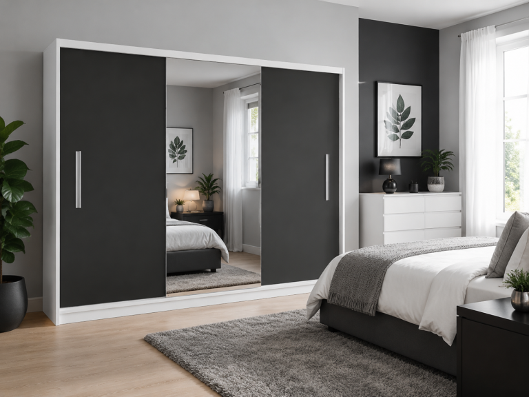 Armoire coulissante 232 cm avec miroir noir ébène foncé – Producteur MES PRIMO SZP4/2/1W/2B1L/0/AL