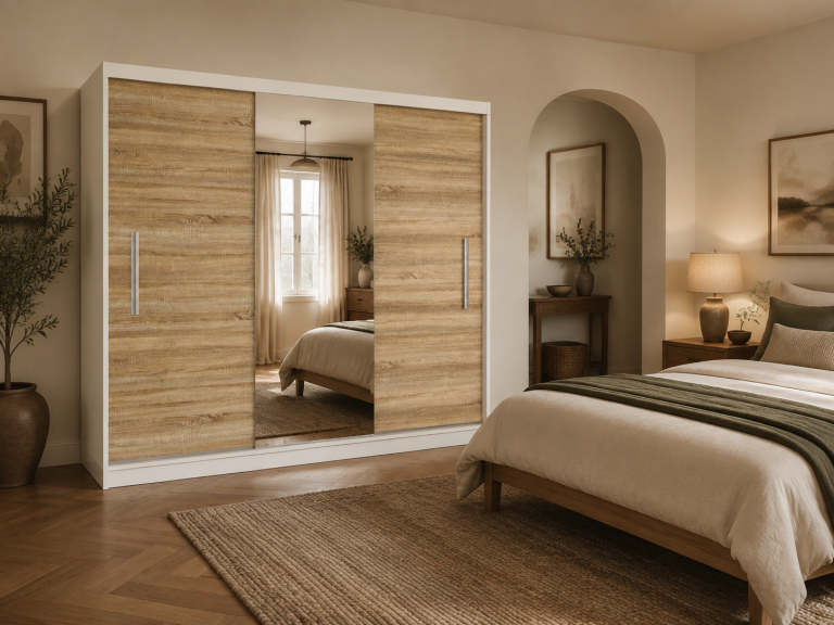 Armoire coulissante 232 cm avec miroir chêne wotan / chêne sonoma – Producteur MES PRIMO SZP4/2/1W/2DS1L/0/AL