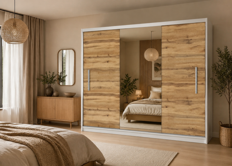 Armoire coulissante 232 cm avec miroir chêne wotan / chêne sonoma – Producteur MES PRIMO SZP4/2/1W/2DW1L/0/AL
