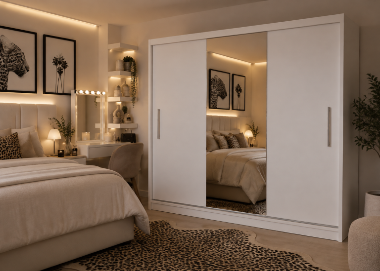 Armoire coulissante 232 cm avec miroir blanc mat – Producteur MES PRIMO SZP4/2/1W/2W1L/0/AL