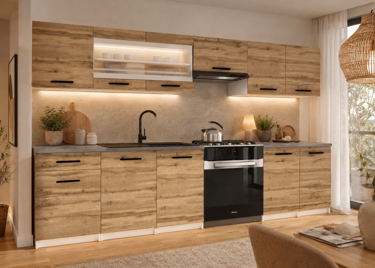 Cuisine 260 cm chêne wotan / chêne sonoma avec plan de travail – Producteur TOR PRIMO260/2/WT/DW/0/B1