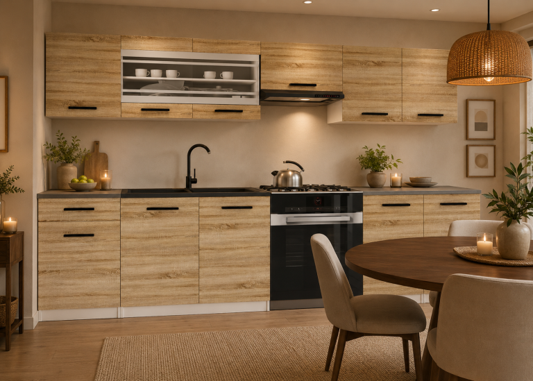 Cuisine 260 cm chêne wotan / chêne sonoma avec plan de travail – Producteur TOR PRIMO260/3/WT/DS/0/B1