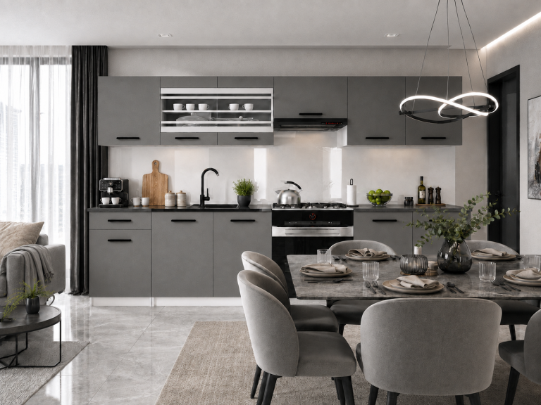 Cuisine 260 cm gris anthracite graphite avec plan de travail – Producteur TOR PRIMO260/3/WT/SR/0/B1