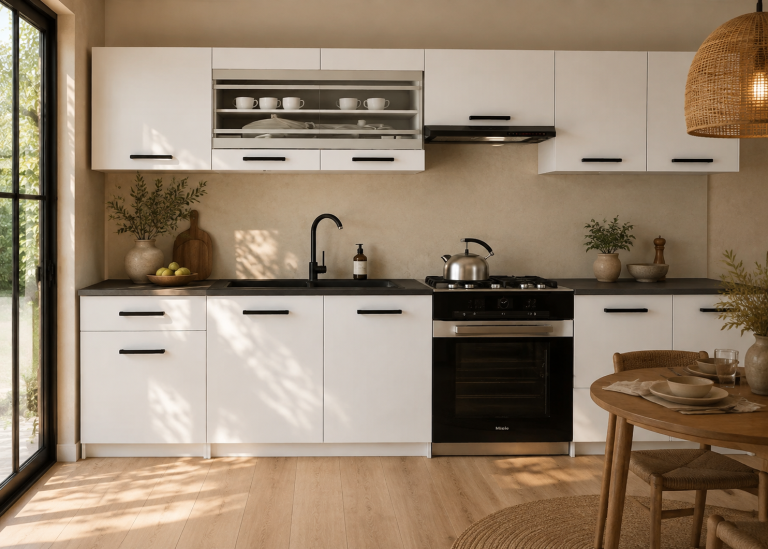 Cuisine 260 cm blanc mat avec plan de travail – Producteur TOR PRIMO260/3/WT/WT/0/B1