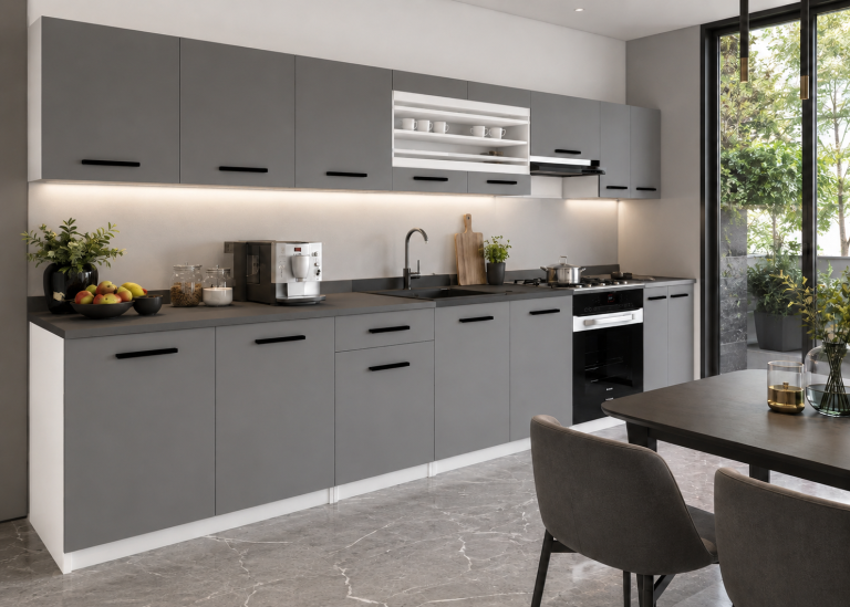 Cuisine 320 cm gris anthracite graphite avec plan de travail – Producteur TOR PRIMO320/4/WT/SR/0/B1