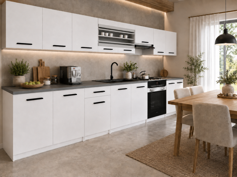 Cuisine 320 cm blanc mat avec plan de travail – Producteur TOR PRIMO320/4/WT/WT/0/B1