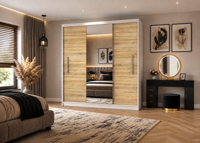 Armoire coulissante 200 cm PRIMO avec miroir chêne wotan / chêne sonoma – Producteur MES PRIMO SZP1/1/W/DS/0/AL