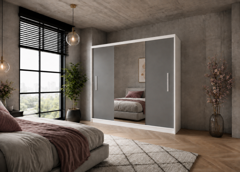 Armoire coulissante 232 cm avec miroir gris mat – Producteur MES PRIMO SZP4/2/1W/2SR1L/0/AL