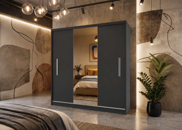 Armoire coulissante 200 cm PRIMO avec miroir noir ébène mat – Producteur MES PRIMO SZP1/1/B/B/0/AL