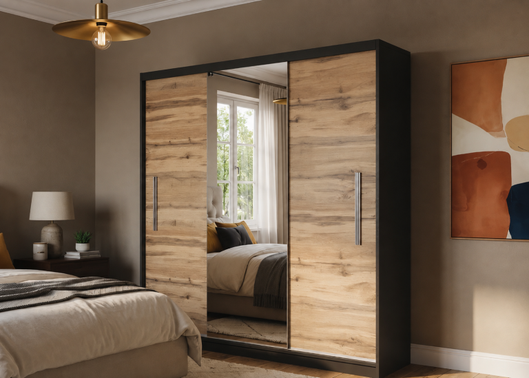 Armoire coulissante 200 cm PRIMO avec miroir chêne wotan mat – Producteur MES PRIMO SZP1/1/B/DW/0/AL