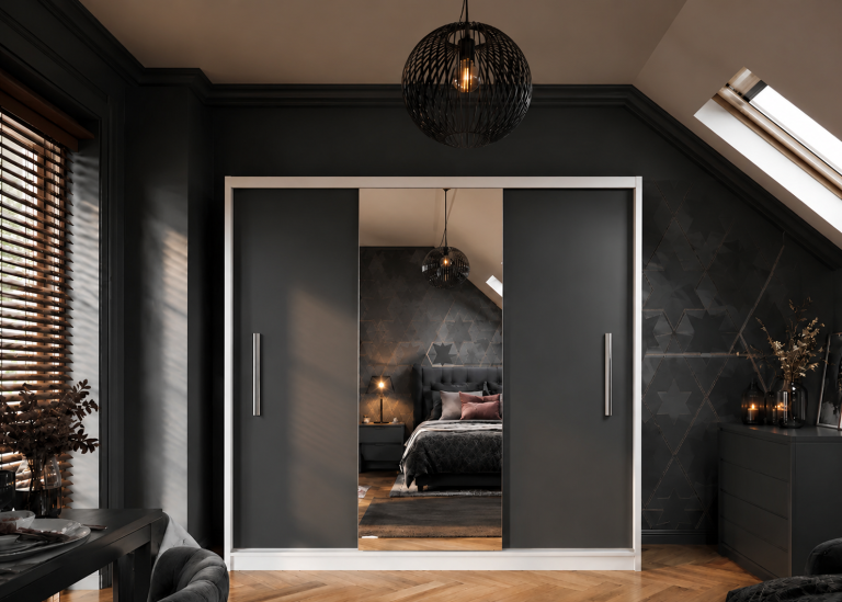 Armoire coulissante 200 cm PRIMO avec miroir noir ébène foncé – Producteur MES PRIMO SZP1/1/W/B/0/AL