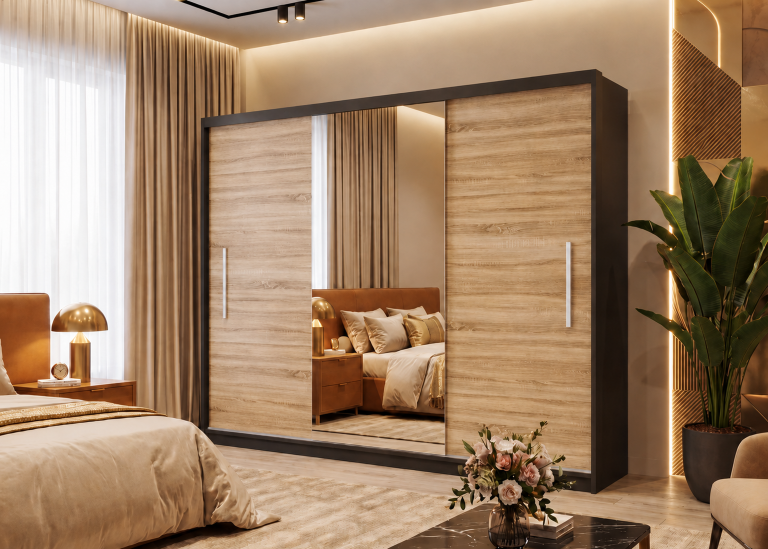Armoire coulissante 232 cm avec miroir chêne sonoma – Producteur MES PRIMO SZP4/2/1B/2DS1L/0/AL