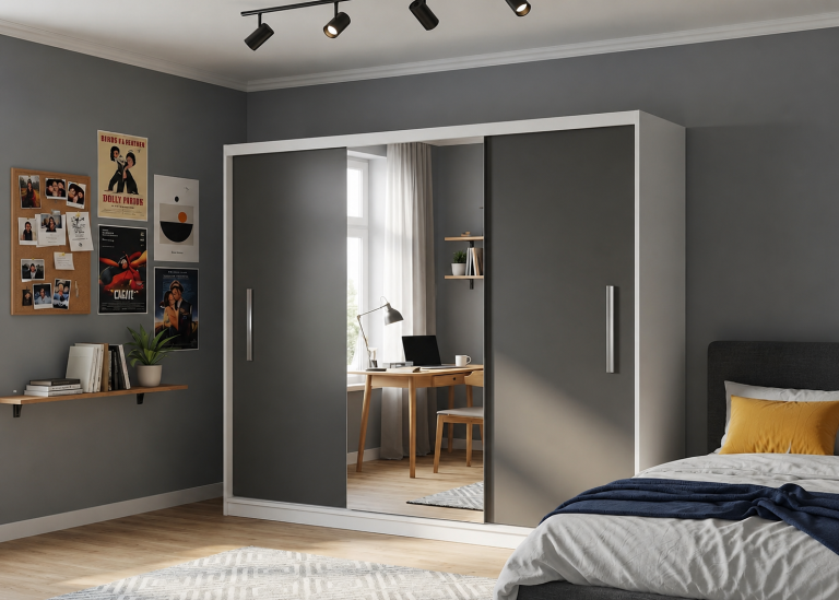 Armoire coulissante 232 cm avec miroir noir ébène foncé – Producteur MES PRIMO SZP4/2/1W/2B1L/0/AL
