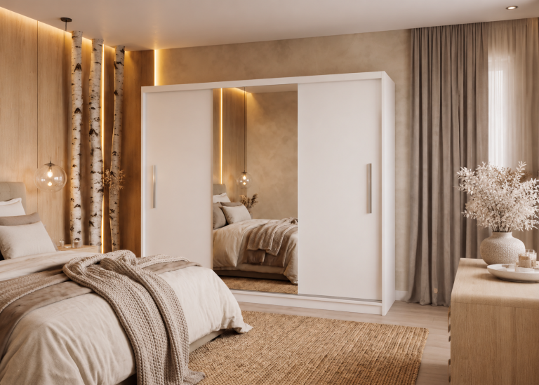 Armoire coulissante 232 cm avec miroir blanc mat – Producteur MES PRIMO SZP4/2/1W/2W1L/0/AL