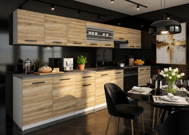 Cuisine 320 cm chêne wotan / chêne sonoma avec plan de travail – Producteur TOR PRIMO320/4/WT/DS/0/B1