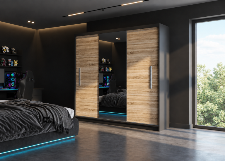 Armoire coulissante 200 cm PRIMO avec miroir chêne sonoma mat – Producteur MES PRIMO SZP1/1/B/DS/0/AL