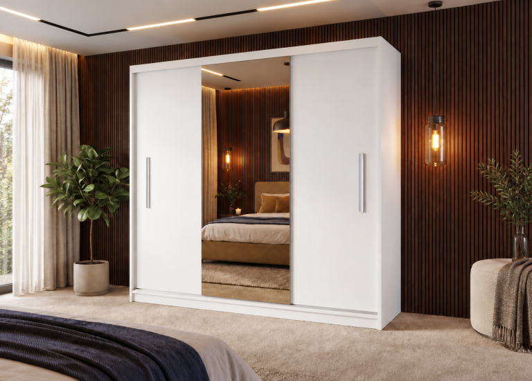 Armoire coulissante 200 cm PRIMO avec miroir blanc mat – Producteur MES PRIMO SZP1/1/W/W/0/AL