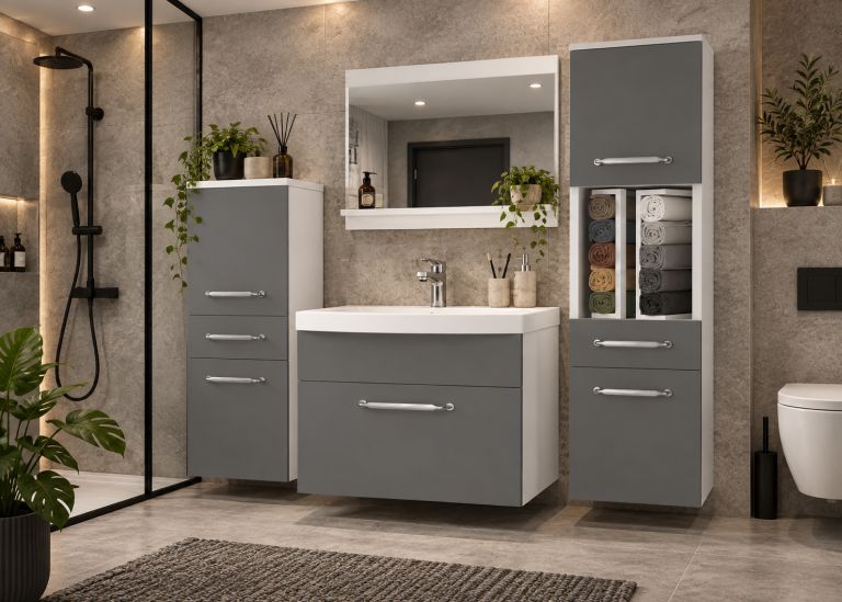 Meuble de salle de bain avec vasque et miroir gris anthracite graphite – Producteur ROD PRIMO M 5/0/W/SR/0/ZINC