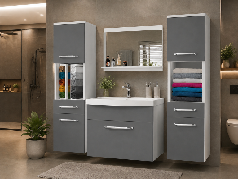 Meuble de salle de bain avec vasque et miroir gris anthracite graphite – Producteur ROD PRIMO M 6/0/W/SR/0/ZINC