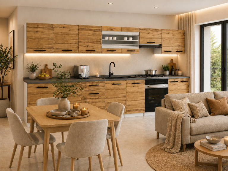 Cuisine 320 cm chêne wotan / chêne sonoma avec plan de travail – Producteur TOR PRIMO320/4/WT/DW/0/B1