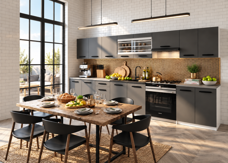 Cuisine 320 cm gris anthracite graphite avec plan de travail – Producteur TOR PRIMO320/4/WT/SR/0/B1