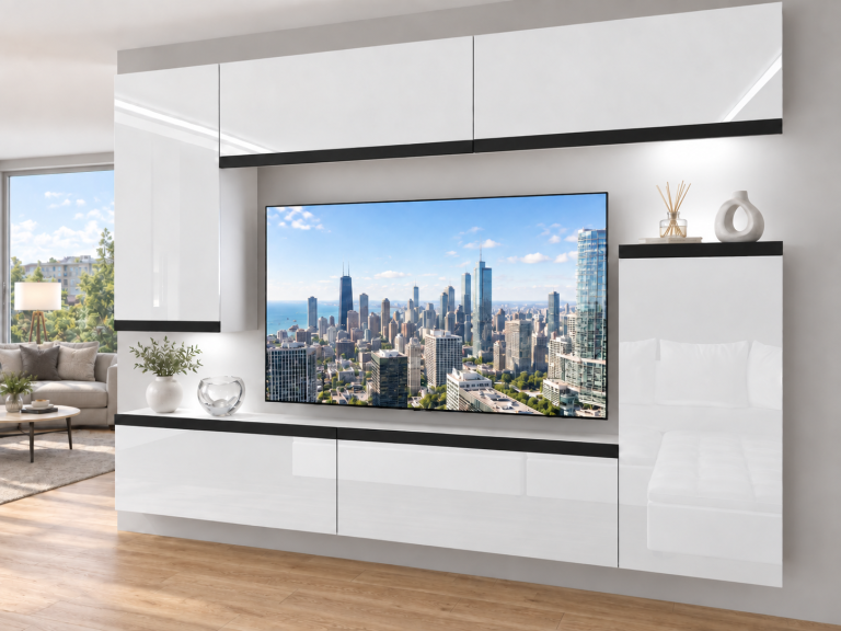 Composition murale Prestige 250 cm TV/RTV blanche brillante Fabricant IMP P Woody 8/5/W/W/0/0/CM