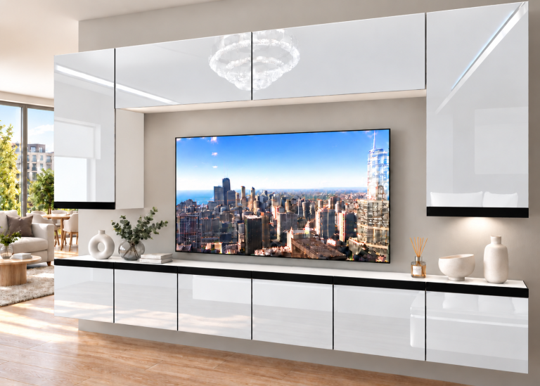 Composition murale Prestige 300 cm TV/RTV blanche brillante Fabricant IMP P Monroe 2/5/W/W/0/0/CM