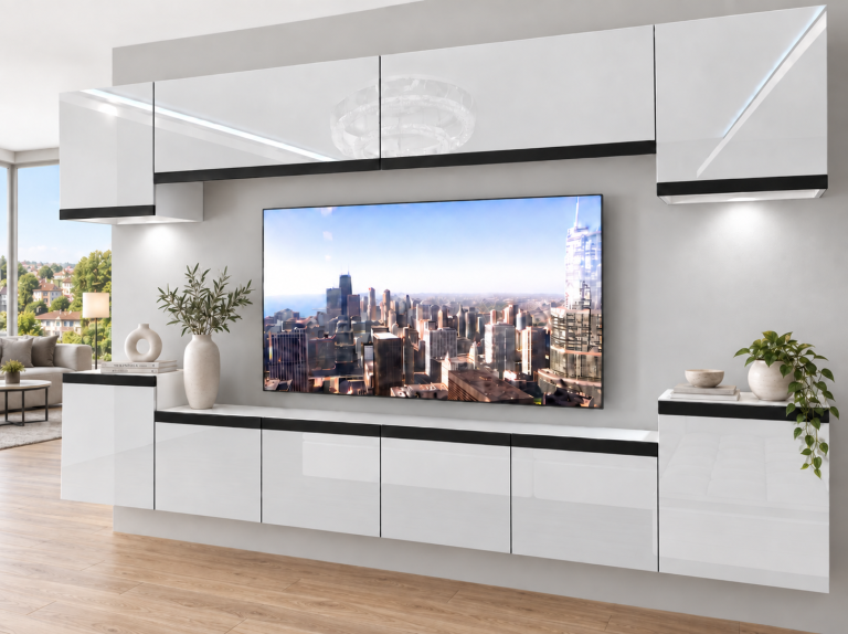Composition murale Prestige 300 cm TV/RTV blanche brillante Fabricant IMP P Hepburn 4/5/W/W/0/0/CM