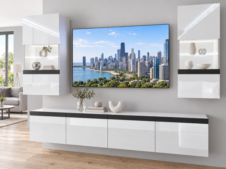 Composition murale Prestige 200 cm TV/RTV blanche brillante Fabricant IMP P Keanu 7/5/W/W/0/0/CM