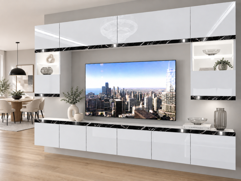 Composition murale Prestige 300 cm TV/RTV blanche brillante Fabricant IMP P2 Nolan 1/5/W/W/0/0/CS