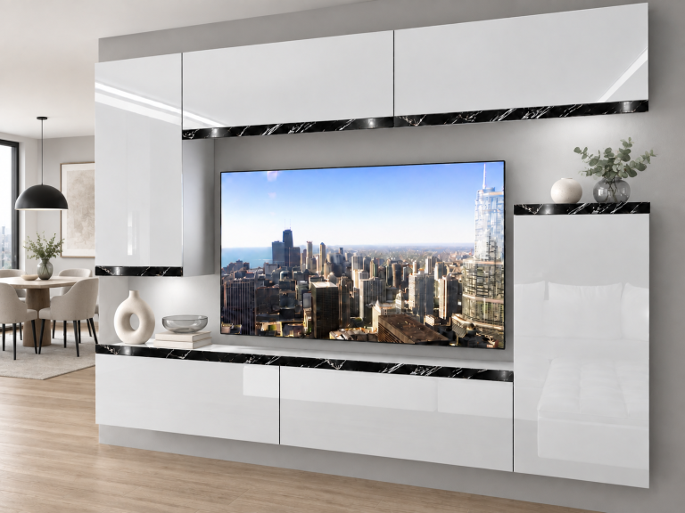 Composition murale Prestige 250 cm TV/RTV blanche brillante Fabricant IMP P Woody 8/5/W/W/0/0/CS