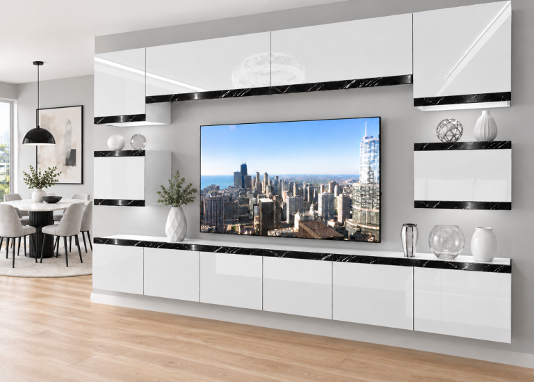 Composition murale Prestige 300 cm TV/RTV blanche brillante Fabricant IMP P Tarantino 3/5/W/W/0/0/CS