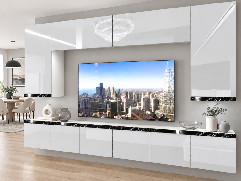 Composition murale Prestige 300 cm TV/RTV blanche brillante Fabricant IMP P Monroe 2/5/W/W/0/0/CS