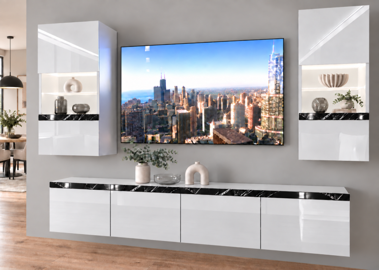 Composition murale Prestige 200 cm TV/RTV blanche brillante Fabricant IMP P Keanu 7/5/W/W/0/0/CS