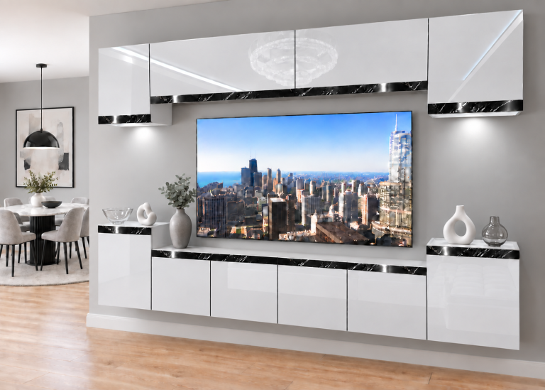 Composition murale Prestige 300 cm TV/RTV blanche brillante Fabricant IMP P Hepburn 4/5/W/W/0/0/CS