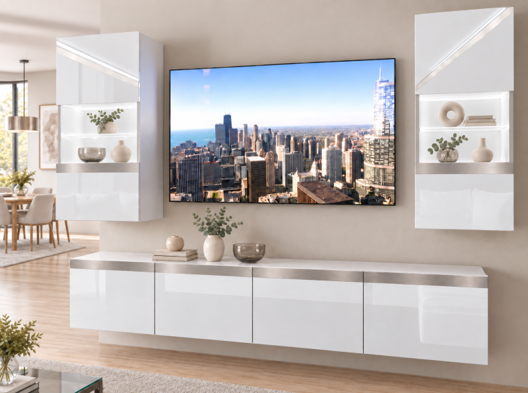 Composition murale Prestige 200 cm TV/RTV blanche brillante Fabricant IMP P Keanu 7/5/W/W/0/0/SL